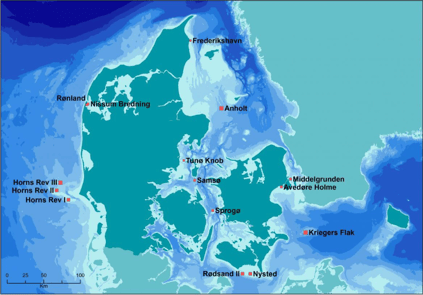 Kort over hvor de danske havvindmølleparker er placeret. 